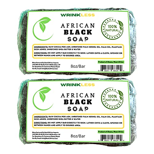 Wrinkless African Black Soap â€“ All-Natural Black Soap with Coconut Oil, Shea Butter, Plantain Bark, Cocoa â€“ Soothing and Gentle Exfoliation â€“ Unrefined Raw African Black Soap for Face and Body