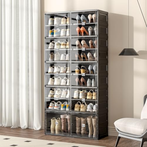 Image of Vipbox Shoe Rack Organizer Cabinet for Closet Entryway,Clear Shoe Storage Boxes Stackable Sneaker Storage with Door Easy Assembly Black Shoe Cabinet with Lids Large 9 Tiers 36 Pairs