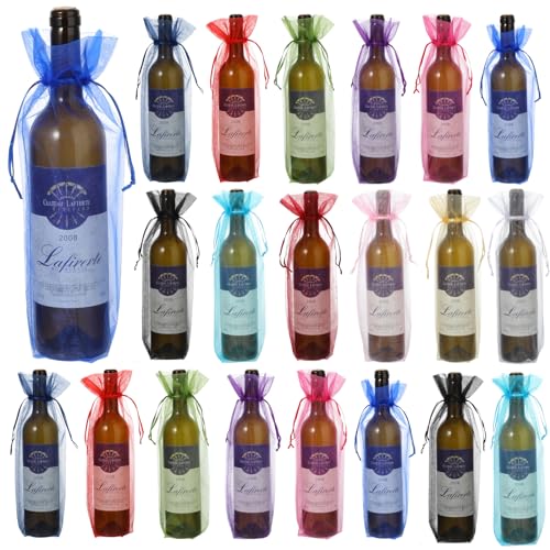 60 Pcs Sheer Organza Wine Bags 14.6 x 5.5 Wine Gift Pouches Sheer Mesh Wines Gift Pouches Reusable Bottle Wrap Bottle Covers Drawstring Gifts Wrap Bags Dresses for Wedding Christmas Baby Shower
