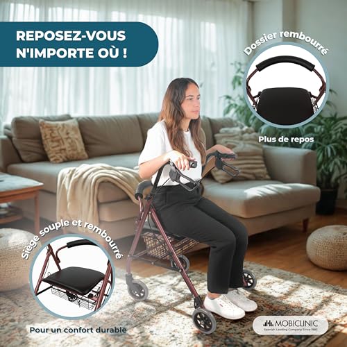 Mobiclinic®, Deambulateur 4 Roues Pliable Leger, Pliable, Freins manuels et blocables, Aluminium, Panier, Léger résistant, Avec siège 4 roues, Bordeaux, Escorial – vue 6