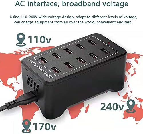 SCCVEE USB Charger, 10 Port USB Power Adapter, 50W Multi-port USB Fast Charging Station Compatible with iPhone 12/13/14/Samsung S22/S21/Z Flip/iPad/Xiaomi/Huawei/Oppo/OnePlus/Other Devices.Black