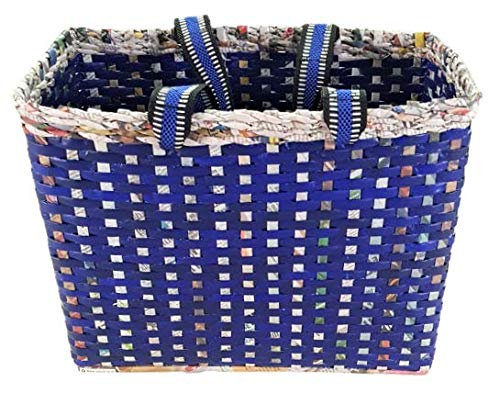 Image of Paperus, Large, Lunch Bag, Picnic Basket, Carry Bag, Handbag, Tiffin Basket for Office; Rectangular, Eco-Friendly, Handmade, of Paper Ropes, in Inch 11 H, 14 L, 7 Wide Base Blue