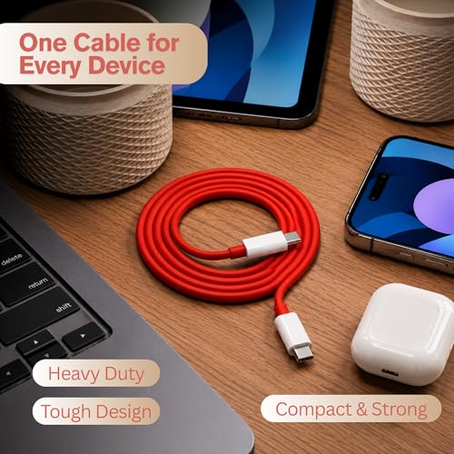 Image of Umake USB C to USB C Cable 80W Fast Charging, Nylon Braided Type-C Cable with PD Support, Fast Data Sync, Compatible with Samsung, iPhone 16 /15, OnePlus, Xiaomi, MacBook & iPad - Red, 1M