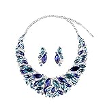 Hamer Bridal Link Costume Jewelry Crystal Choker Pendant Bib Statement Chain Charm Necklace and Earrings Sets (Blue)