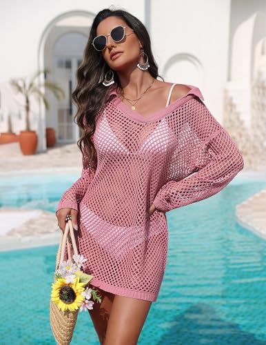 Ekouaer Sexy Cover Ups for Women Crochet Bathing Suit Cover Up Knit Beach Coverup Dress Swimwear Hot Pink XS — view 5