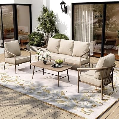 SUNSHINE VALLEY 4 Piece Metal Outdoor Patio Furniture Sets, Unique Windsor Style Patio Conversation Sets 1 3-Seater Sofa, 2 Single Sofas and Coffee Table with 5.75" Thick Cushion, Backyard Furniture