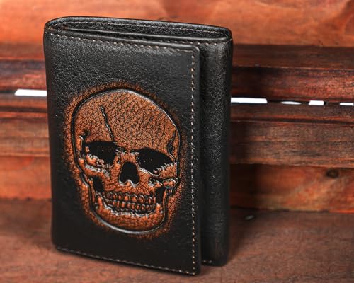 Image of DK86 Skull Trifold Wallets for Men Full Grain Leather with Hand Burnished Tri-Fold Wallet RFID Blocking (Black and Brown: Style A)