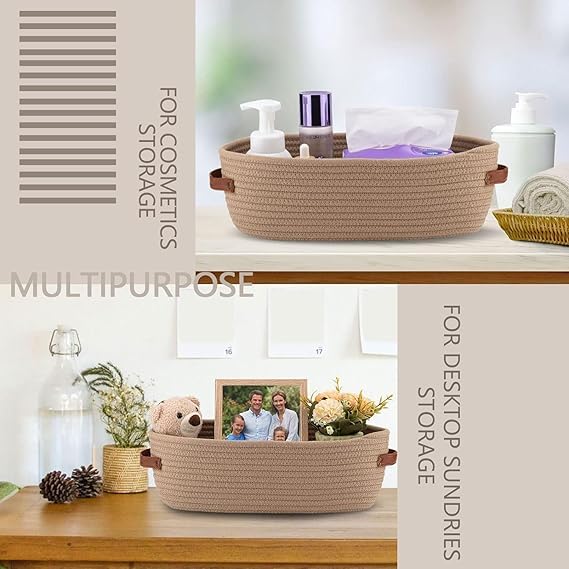 Image of [Pack of 1-13x6x4 inch, Oval, Brown] Handwoven Soft Jute Cotton Basket with Leather Handle | Shelf Baskets, Naturally Reshapes After Filling | Ideal for Storage, Organization & Gift Hampers