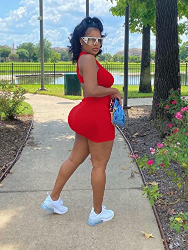 2023 New Women Sleeveless Tank Dress Crew Neck Slim Fit Waist Hollow Out Bodycon Short Party Club Mini Dress Red M #TOP2