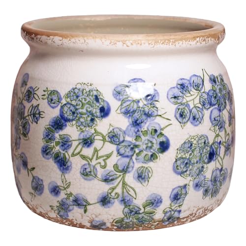 Ceramic Planters Spring Decor, 6.29in Country Cottage Plant Pots with Drainage Hole for Indoor Plants & Succulent, Vintage Crackle Glaze Finish Flower Vase, Home Decor Gifts, Deep Blue Floral