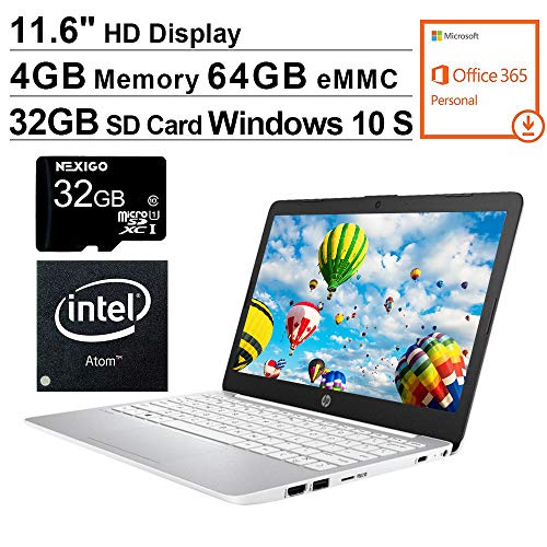 2021-HP-Stream-116-Inch-Non-Touch-Laptop-Intel-Atom-x5-E8000-up-to-20-GHz-4GB-RAM-64GB-eMMC-Win10-S-1-Year-Office-365-Personal-Included-White-NexiGo-32GB-MicroSD-Card-Bundle