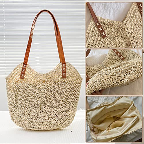 Image of Hand-woven Soft Large Straw Shoulder Bag Retro Boho Tote Bags Summer Beach Bag Rattan Handbag