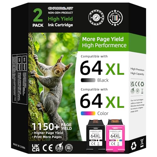 64XL Ink Cartridges Black/Color Combo Pack Compatible for HP Ink 64...