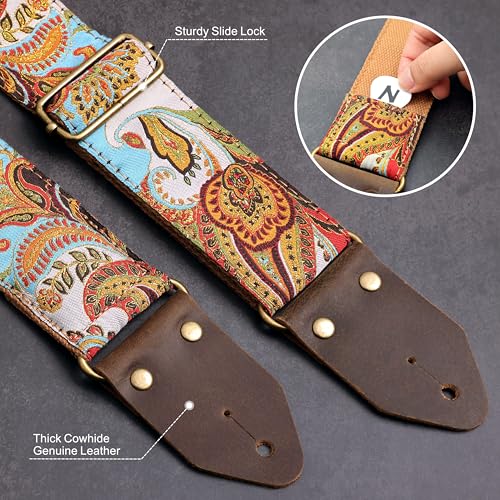 Image of Nefelibata Guitar Strap,Crazy Horse Leather Jacquard Embroidery Cotton Guitar Straps for Bass, Electric & Acoustic, Best Gifts for Guitarists(Golden Silk Blue Flowers)
