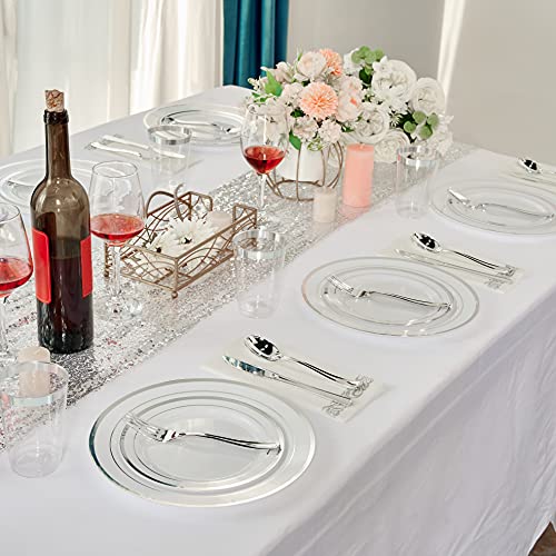 210Pcs Disposable Dinnerware Set 30 Guest,Silver Party Supplies,30 Silver Rim Plastic Plates-30 Silver Plastic Silverware-30 Plastic Cups-30 Disposable Hand Towel For Parties-Silver #TOP3