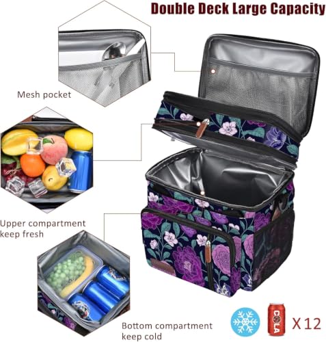 Image of MIYCOO Lunch Bag & Lunch Box for Women Men, Double Deck Leakproof Insulated Soft Large Adult Camping Cooler bag for Work, Beach, Picnic, Travel (Purple Flower, 15L)