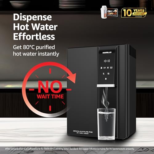 Image of Havells Gracia FAB Alkaline Water Purifier (Black), RO+UV+Alkaline, Hot, Warm & Ambient Water, Copper+Zinc+Minerals, 9 Stage Purification, 6.5L SS Tank, Suitable for Borewell, Tanker & Municipal Water