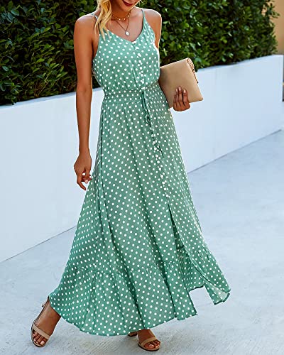 Btfbm Women 2023 Summer Spaghetti Strap V Neck Dress Polka Dot Floral Button Down Slit Sleeveless A-Line Maxi Dresses(Polka Dot Light Green, Medium) #TOP1