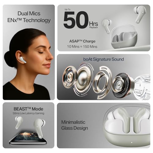 Image of Boat Airdopes Plus 311, Glass Design, ENx Tech, Fast Charge, 50 Hrs Battery, Stream Ad Free Music via App Support Bluetooth Earbuds, TWS Ear Buds Wireless Earphones with mic (Ash Grey)