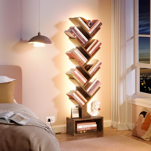 Image of Hoctieon 9 Tier Tree Bookshelf, Tall Bookcase, Freestanding Book Shelf with LED Lights, Display Floor Standing Storage Shelf, Book Organizer Shelves for Home Office, Living Room, Rustic Brown
