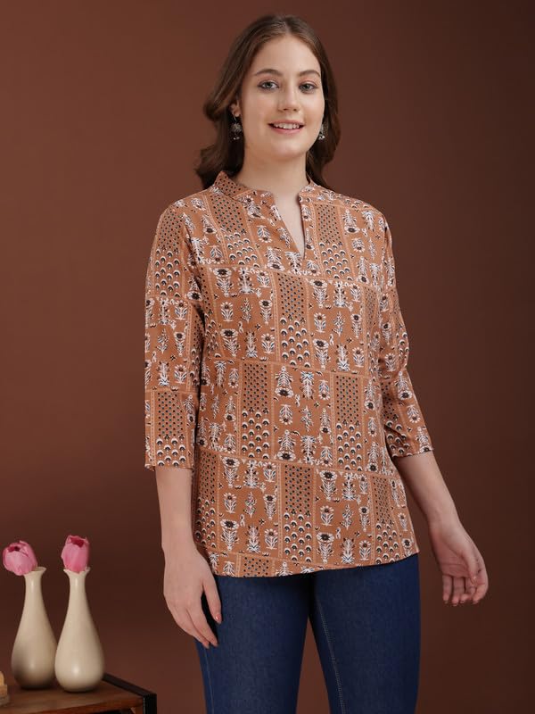 Image of Women's Cotton Printed Kurta Top | 3 /4 Sleeve Straight Kurti Casual Outings