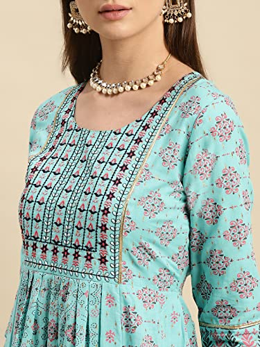 Image of rangita Light Blue Cotton Calf Length Printed Anarkali Kurti for Women | Kurta for Women