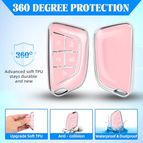 Image of QBUC for Cadillac Key Fob Cover with Leather Keychain (Chrome Trim Pink) | Soft TPU Protection Case Compatible with 2020-2026 Cadillac Escalade Lyriq Optiq 5-Buttons