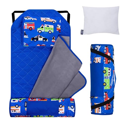 Image of Wildkin Modern Kids Nap Mat with Pillow for Boys - Cotton Blend, Elastic Straps, Toddler Sleep Mat for Daycare, Preschool, Kindergarten & Travel, Ages 3-7, Machine Washable - Heroes