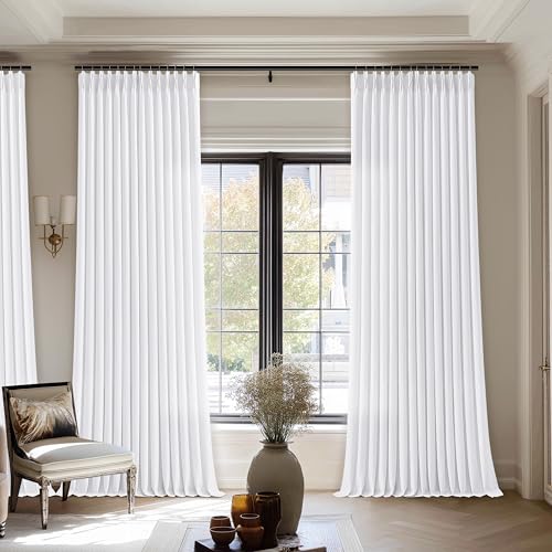 Image of Extra Wide Snow White Pinch Pleated Semi Sheer Linen Curtains 70x108 Drape