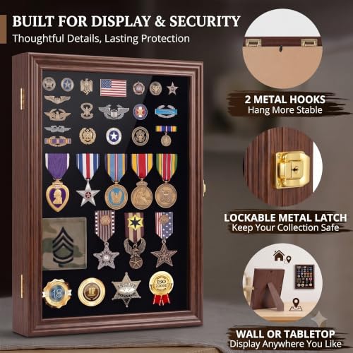 Image of Walnut Solid Wood Medal Display Case, Lockable Shadow Box 11x15 in | UV-resistant acrylic door; lockable metal latch; wall mount or tabletop; fits ribbons, pins, patches