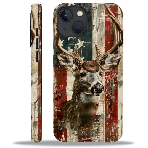 ZHEGAILIAN Case for iPhone 15,Deer Buck Hunter American USA Flag for 2 in 1 Hard Shell + Soft Silicone,Shockproof Bumper Drop Protective Case for iPhone 15