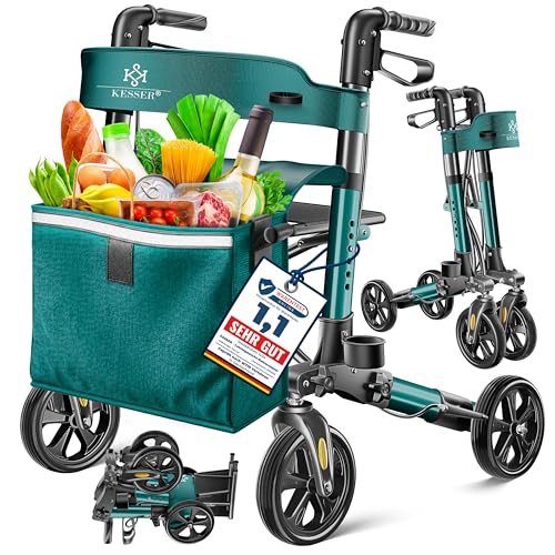 KESSER Leichtgewicht Rollator faltbar mit Sitz, Griff, Tasche, schmal für Senioren Wohnung, Klappbar, Höhenverstellbar, Reflektoren | All Gelände Reifen Indoor-& Outdoor, Gehhilfe, Laufhilfe, Petrol