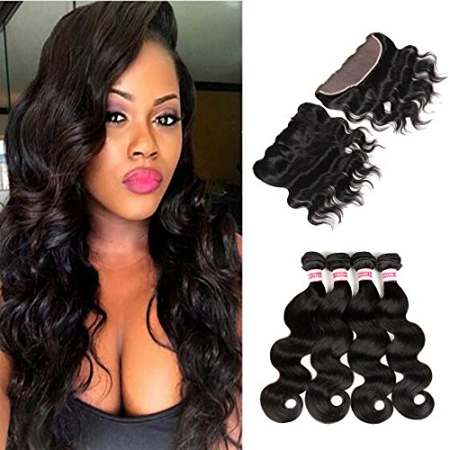 Fabeauty 7a Human Hair Bundles with Lace Frontal Closure Brazilian Body Wave Hair 4 Pcs with Closure Full Frontal Lace Closure (14 16 18 18+12)
