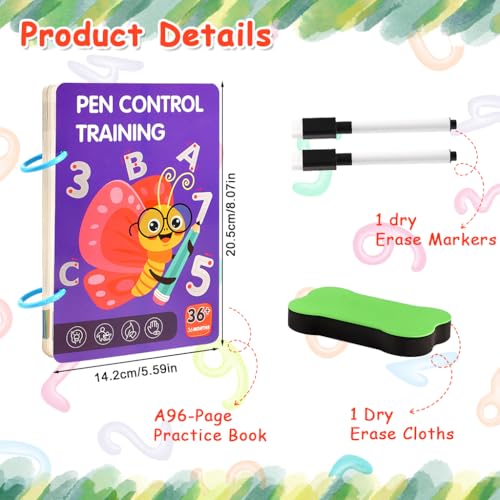 Image of PATPAT Toddler Drawing Notebook, Magic Book for Kids 2-5 Years with 96 Sheet Preschool Sank Magic Practice Copy Book for Kids with Dry Erase Pen & Sponge Erase, Practice Letters, Numbers & Lines