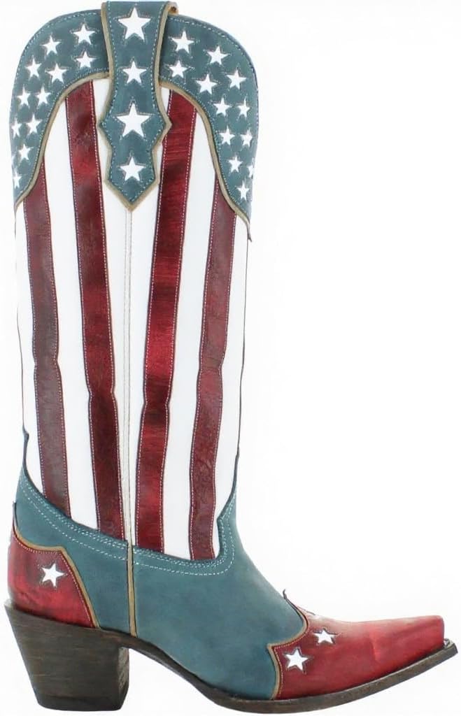 MissHeel Mid Calf Red and White Stripes Cowgirl Boots with Stars