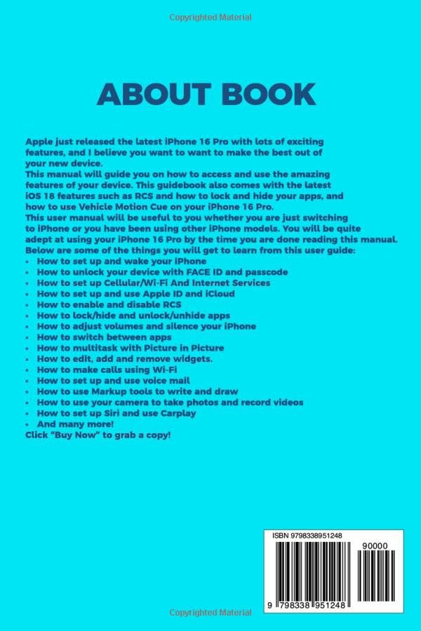 Zadnja korica korisničkog priručnika za iPhone 16 Pro, s prikazom ISBN barkoda i dodatnih detalja o knjizi.