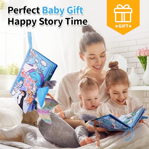 Image of Jollybaby Baby Cloth Books, Touch & Feel Crinkle Soft Books, for Infants Babies, Toddler Early Educational Interactive Stroller Toys, Baby Girl & Boy Gift(Glacier Tails)