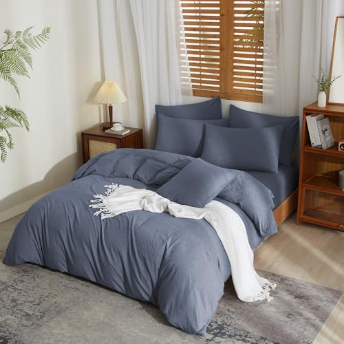 YASMENG Halbleinen Bettwäsche 135x200 Grau Blau - 2-teilig mit...