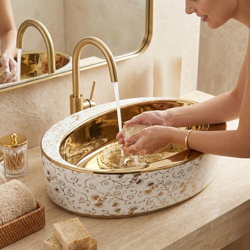 Image of BASSINO 24x14x6 Inches Table Top Washbasin /1 Year Warranty /Ceramic Wash Basin for Bathroom /Oval Counter Top Wash Basin for Restaurant /Dining Hall /Living Room /Designer Vessel Sink(Glossy White & Gold)