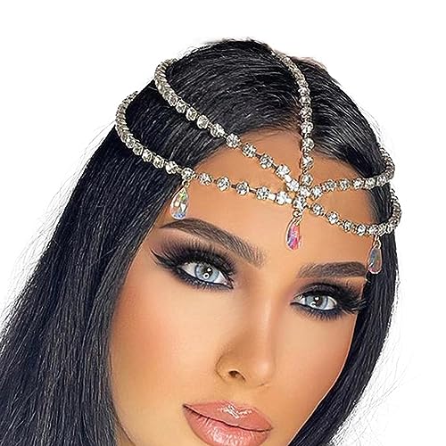 NICENEEDED Front Strass Tête Chaîne, Bijoux de Chaîne de Cheveux en Couches de Cristal D'Argent, Boho Brillant Larme Strass Casque Mariée Cheveux...