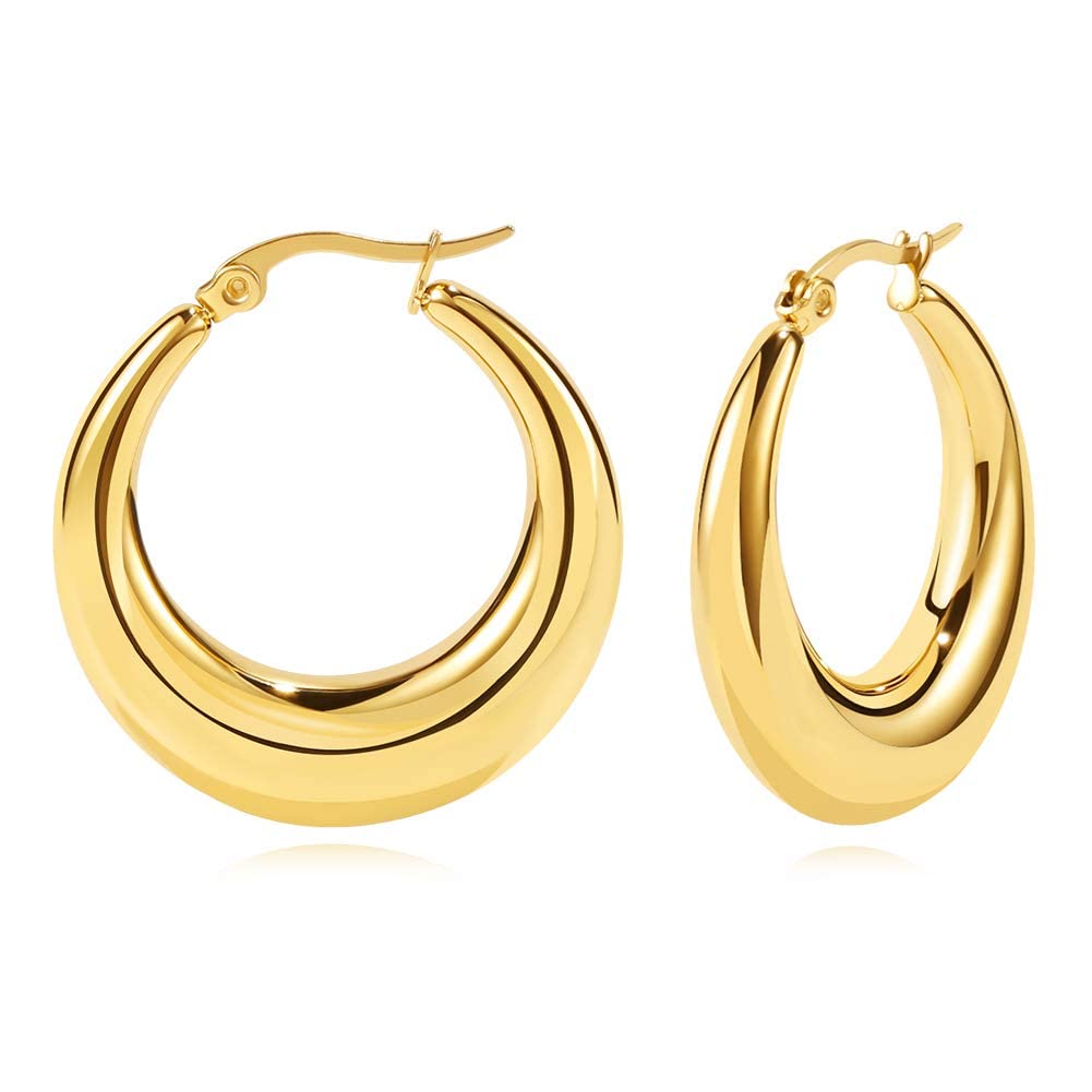 Holahoney Chunky Hoop Earrings for Women 18K Gold Plated with 925 Sterling Silver Post Nonfading Large Thick French Hoops Minimalist Lightweight Hypoallergenic Earrings