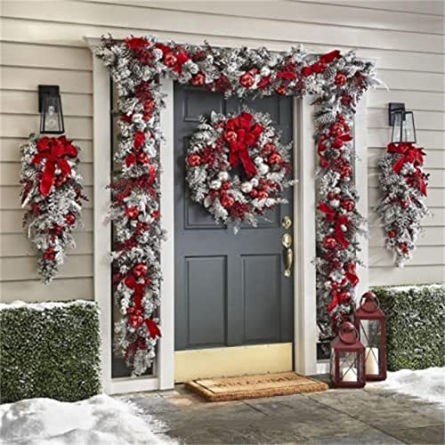 Celendi Cordless Prelit Red and White Holiday Trim Garland, Holiday Classics Stairway Swag Trim Christmas Wreaths Decoration for Stair Wall Hanging Christmas Garland Ornament (A-Wreath)