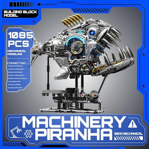 Image of SKY LINE OCEAN Mechanical Piranha Building Block Kit, 1085+ PCS Hand-Crank Gear Driven Motion Model, Multi-Joint Mechanical Fish STEM Construction Set for Teens & Adults, 5-Year Structural Warranty