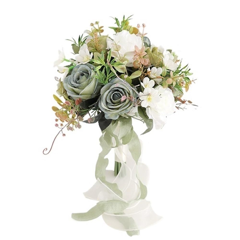 HUFFA Artificial Rose Wedding Bouquet - Handheld Floral Arrangement for Brides and Home Decoration(green)