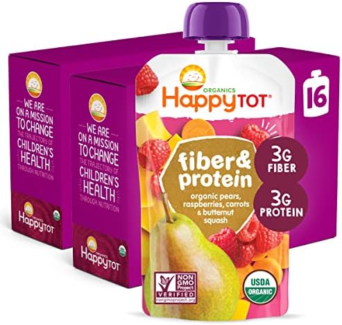Happy Tot Organics Stage 4 Baby Food Pouches, Gluten Free, Vegan Snack, Fiber & Protein Fruit & Veggie Puree, Pears, Raspberries, Butternut Squash & Carrots, 4 Ounce (Pack of 16)