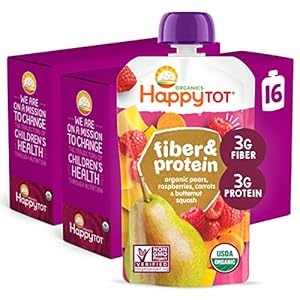 Happy Tot Organics Stage 4 Baby Food Pouches, Gluten Free, Vegan Snack, Fiber & Protein Fruit & Veggie Puree, Pears, Raspberries, Butternut Squash & Carrots, 4 Ounce(Pack of 16)