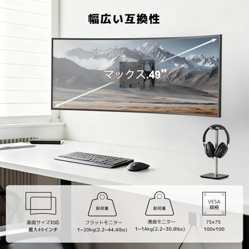 WORLDLIFT モニター壁掛け金具 壁掛け モニターアーム 49インチ対応 耐荷重20kg テレビ ディスプレイ マウント VESA 75x75mm/100x100mm