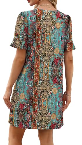 Image of OFEEFAN Summer Dresses for Women Ruffle Short Sleeve V Neck Casual Shift Dress with Pockets