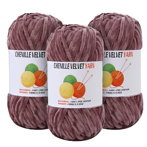 Image of 3 * 100g Velvet Chenille Chunky Yarn for Crocheting, Handcrafts Weaving Soft Chenille Yarn for Crocheting Clearance, Used for Making Baby Yarns Blanket, Clothes, Knitting Creations (Deep Peach)