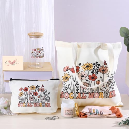 Funnymoom 6 Pcs Social Worker Gifts for Women School Social Worker Must Haves Appreciation Gifts for Housekeeping Volunteer with 17 Oz Glass Cup Canvas Tote Bag Key Chain by Funnymoom - Used condition - Image 2